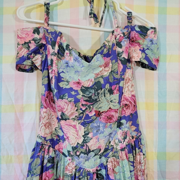 Vintage floral bodice fitted prairie dress off shoulder cottagecore princess - Picture 2 of 10